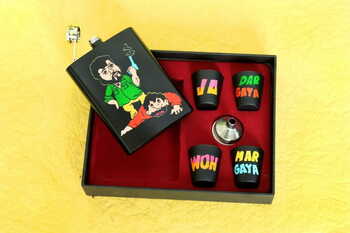 Hip Flask with Shot Glasses - Sholay Gabbar