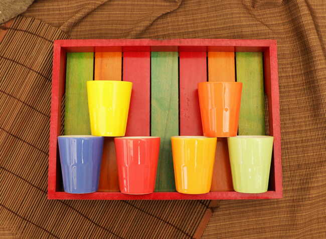 Rustic Mutlicolour Wooden Tray with 6 ceramic glasses