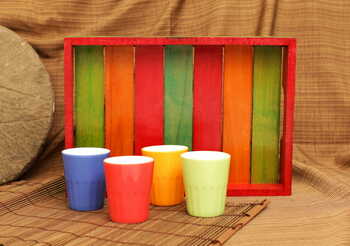 Rustic Mutlicolour Wooden Tray with 4 ceramic glasses