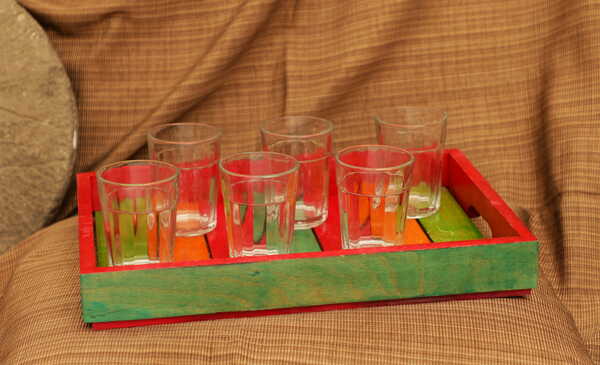 Rustic Mutlicolour Wooden Tray with 6 galsses