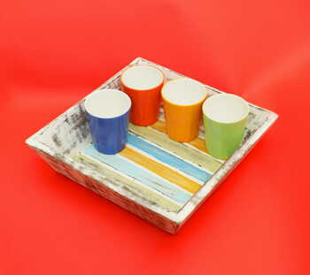 Upcycled Wooden Tray with 4 ceramic glasses