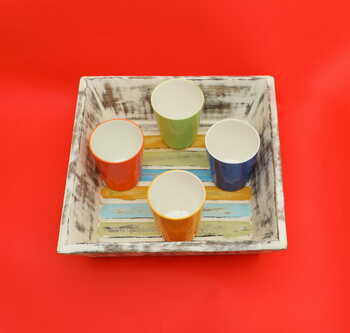Upcycled Wooden Tray with 4 ceramic glasses