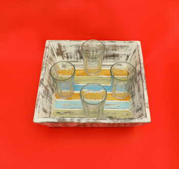 Upcycled Wooden Tray with 4  glasses